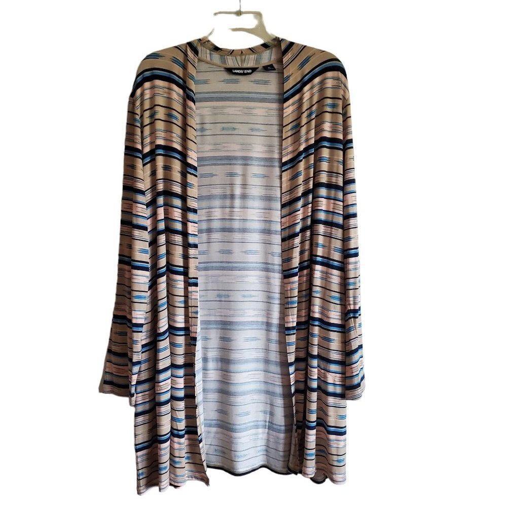 Lands' End Long Open Striped Cardigan with Pockets Rayon Blend XL